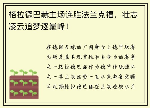 格拉德巴赫主场连胜法兰克福，壮志凌云追梦逐巅峰！