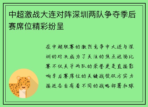 中超激战大连对阵深圳两队争夺季后赛席位精彩纷呈